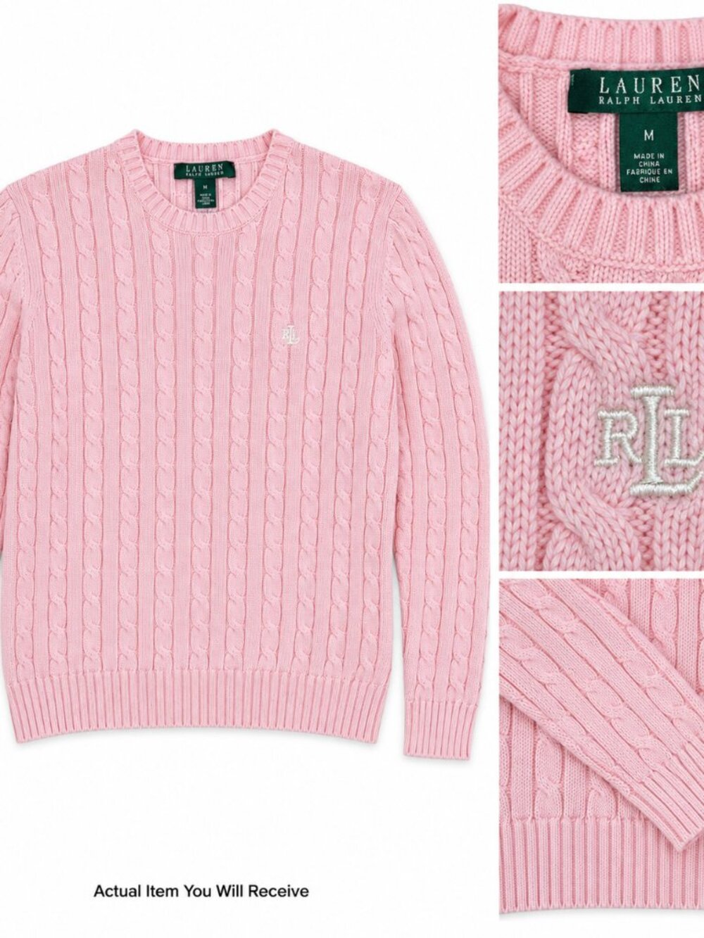 NWOT Lauren Ralph Lauren Pink Cable Knit Sweater Women M 100% Cotton LRL Logo